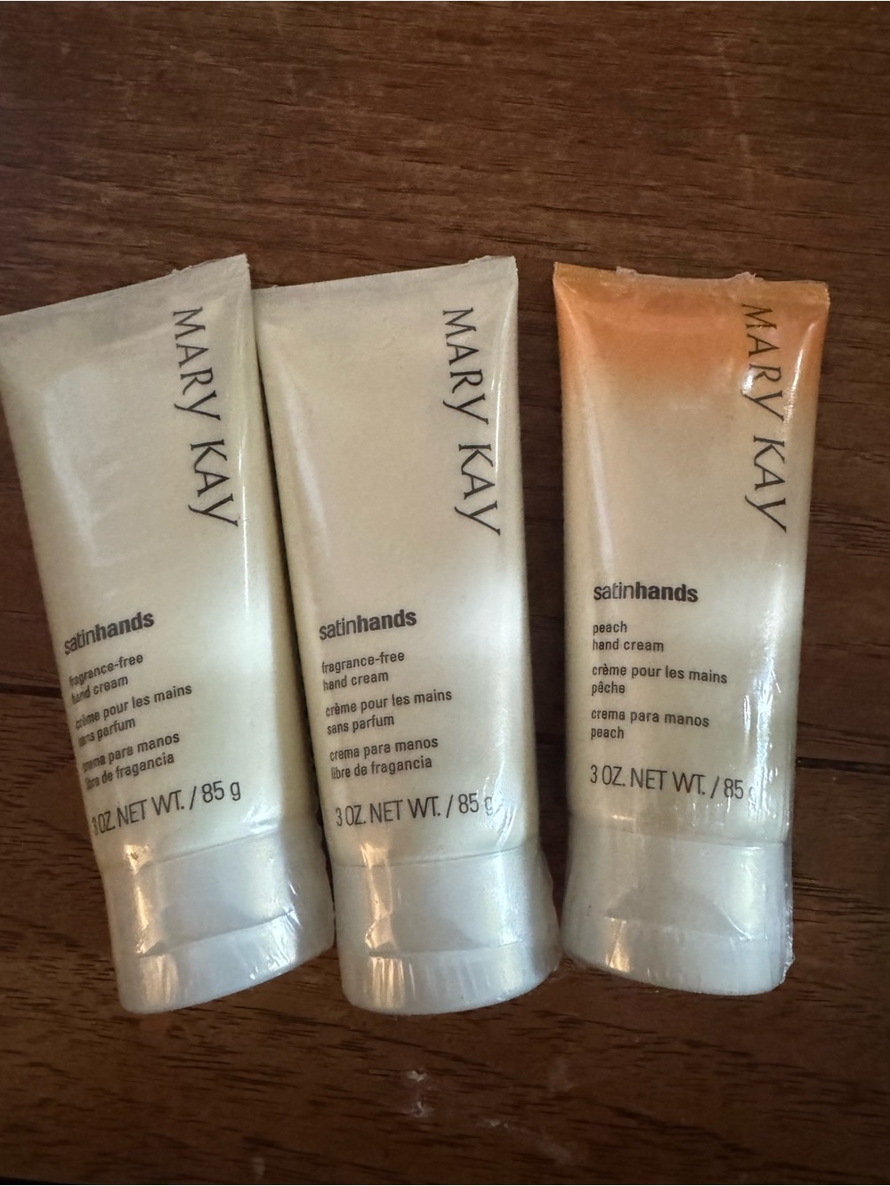 Mary Kay Satin Hands Hand Cream Trio in fragrance free and discontinued Peach